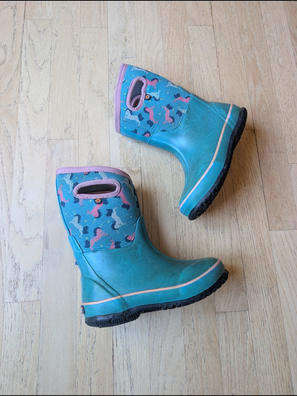 Bogs Teal Kids Rain Boots with Pink Trim and Unicorn Print